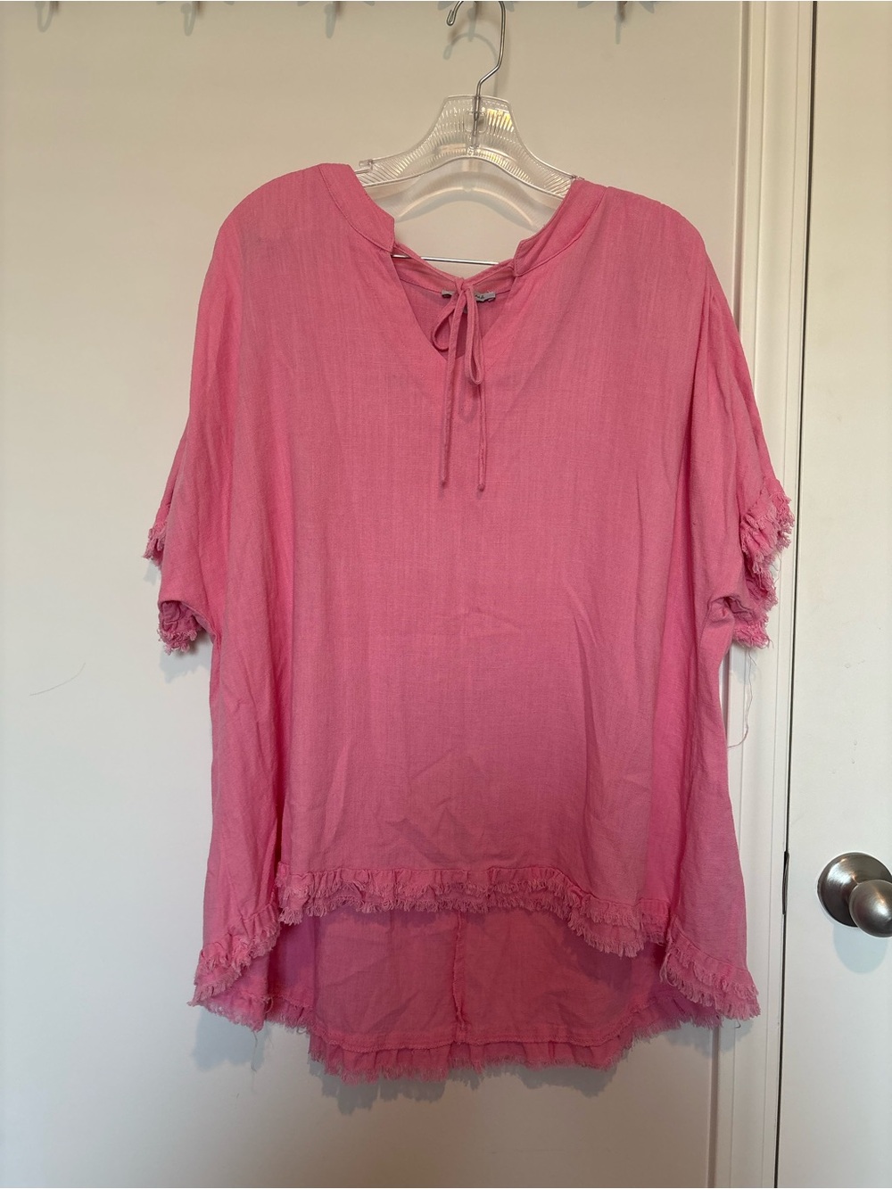 white birch Pink Boho Tie-Neck Fringe Short Sleeve Blouse